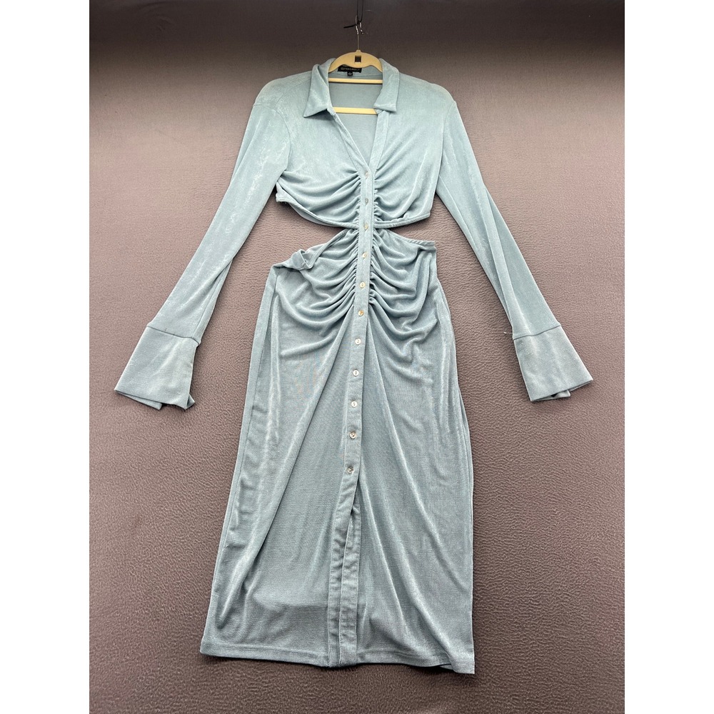 Cotton Candy LA Dress Women's Large Light Blue Ruched Cut Out Button Front Midi